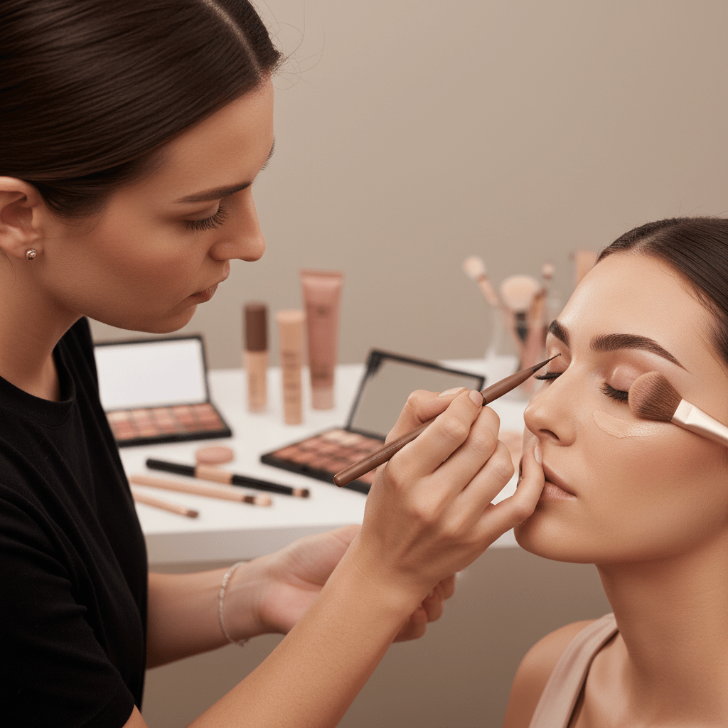 Makeup artist precisely draws 90s-style faux eyebrows with a fine-tipped pen.