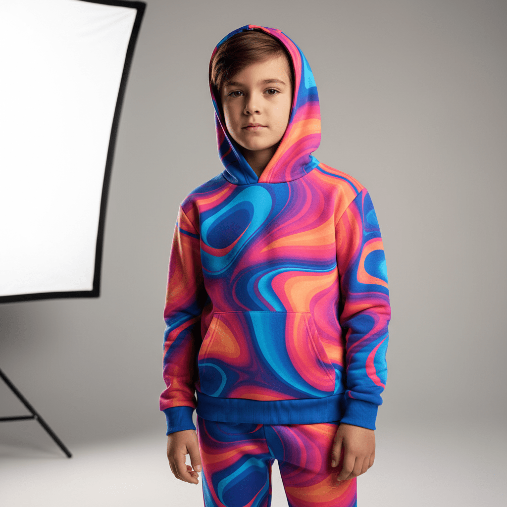 Child models wear abstract art sweatsuits with vibrant, flowing organic patterns.