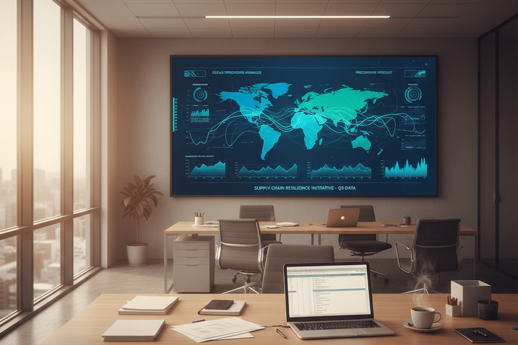 Wide-angle photo of an office workspace with digital climate data displays and minimal decor, symbolizing adaptive business strategies