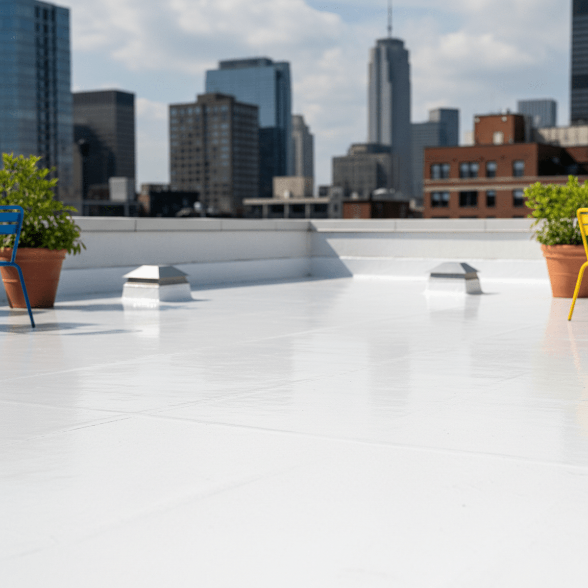 Close-up of bright white rubberized roof coating with a smooth, reflective texture.