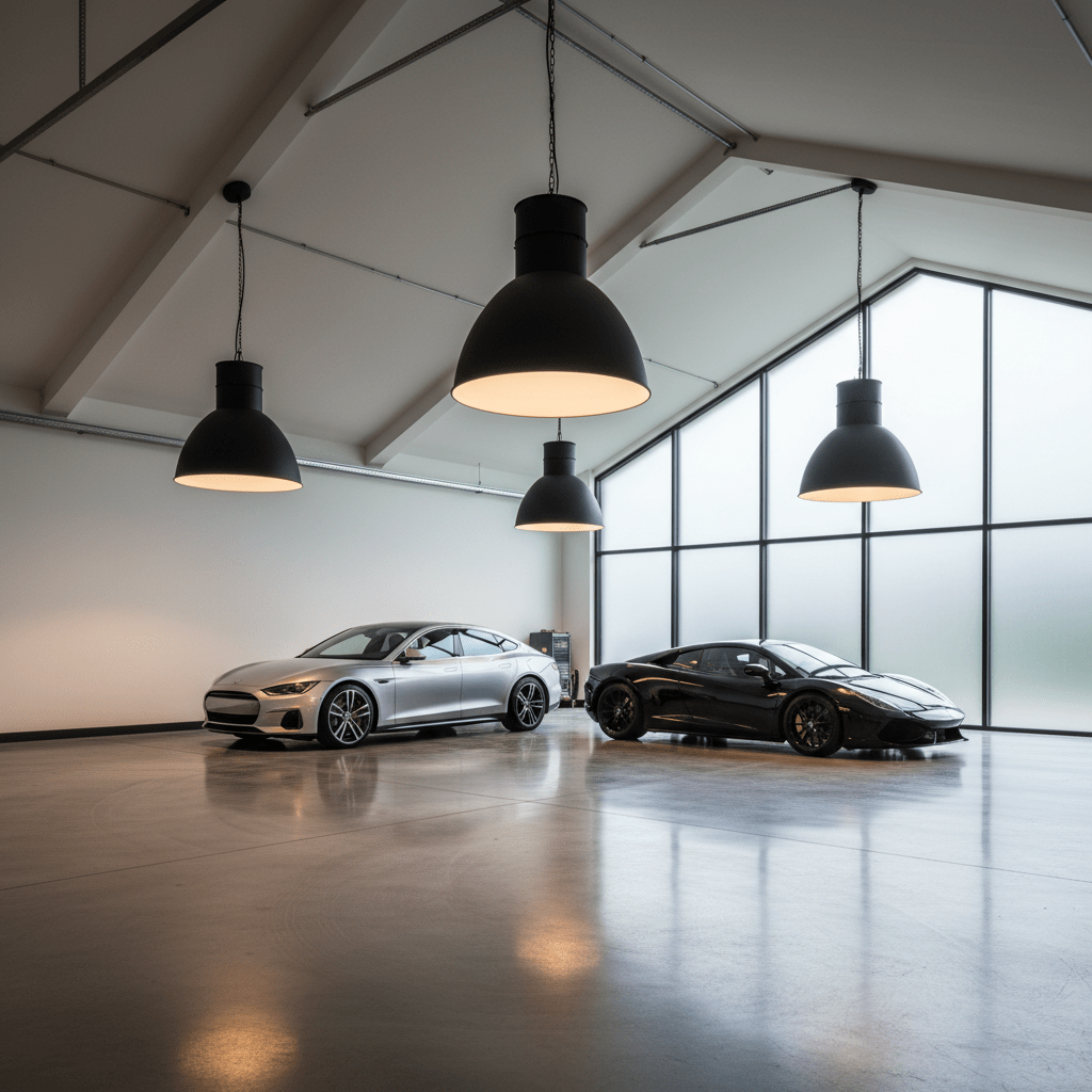 Spacious modern garage with high vaulted ceiling and matte black high-bay pendant lights.