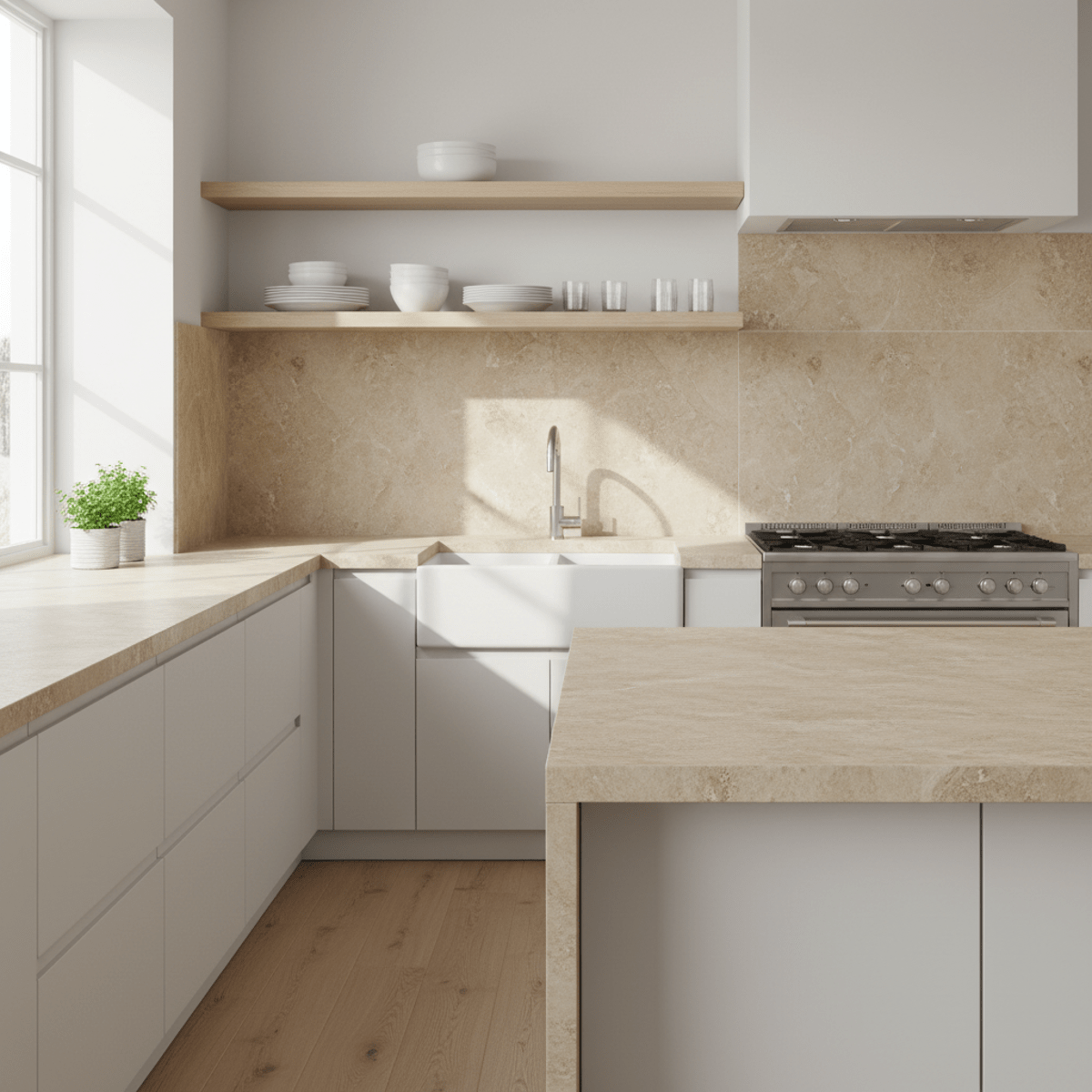 Warm beige stone texture porcelain countertops with seamless grout in a contemporary kitchen.