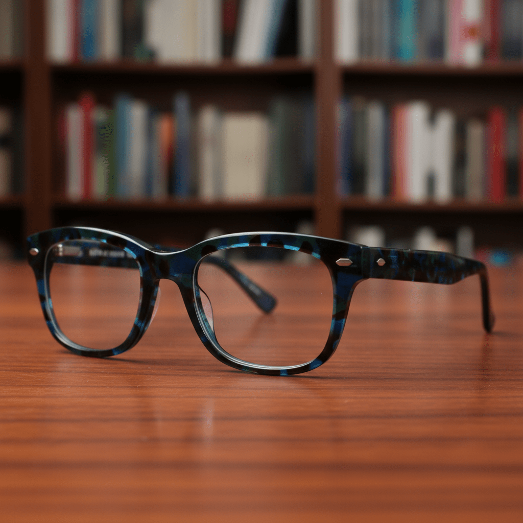 Close-up of bifocal lenses in glossy tortoiseshell acetate frames with deep blue marbling.