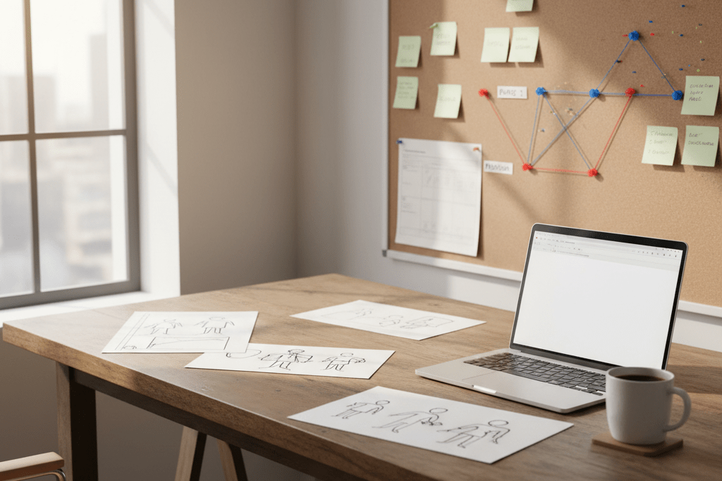 A tidy desk with generic sketches, a laptop, and corkboard under natural light, representing planned endings and new beginnings