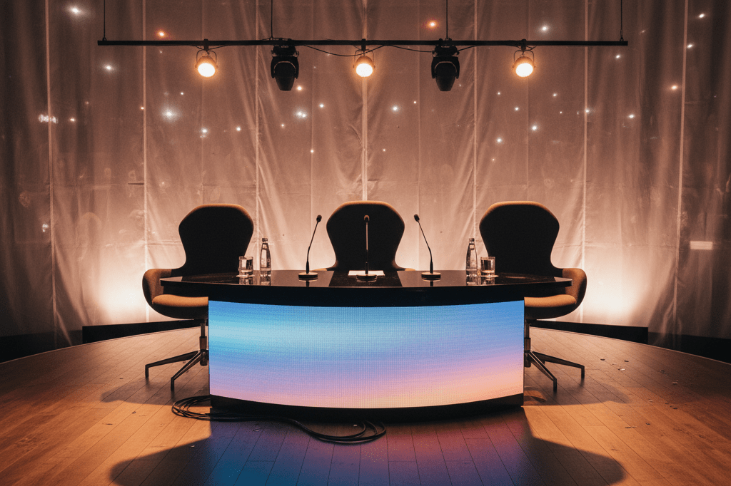 Empty judge chairs and desk with microphones under warm ambient lighting, highlighting the structure of talent competitions