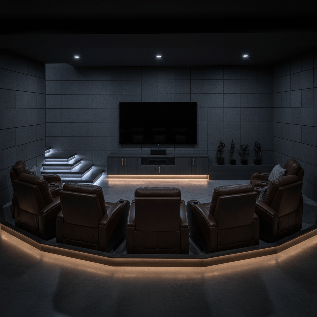 Modern cinematic basement home theater with plush recliners and ambient LED lighting.