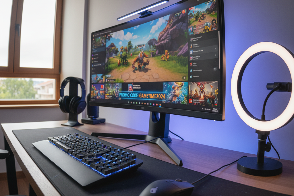 Vibrant gaming livestream station with monitor showing promo codes under ambient lighting, evoking modern interactive marketing strategies
