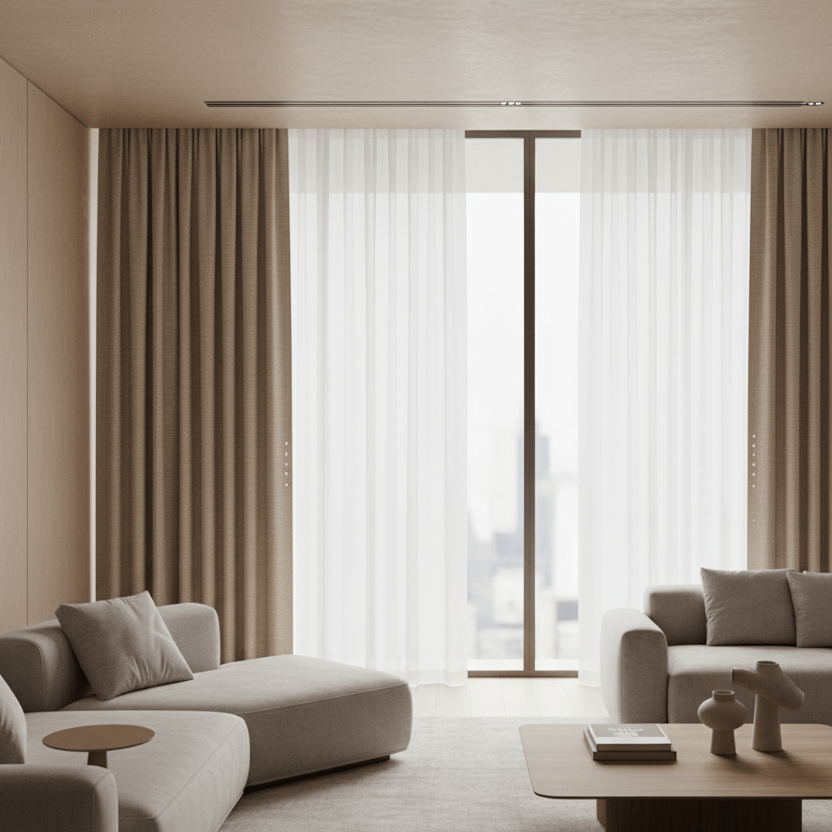 Automatic curtains with micro-sensors in a smart living room with panoramic windows.