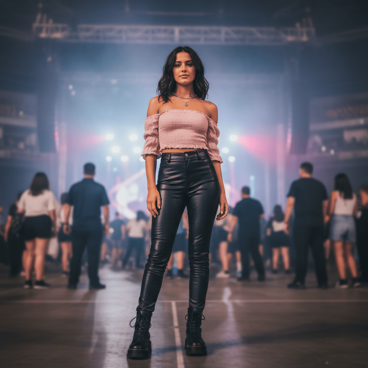 Concert fashion: smocked top and faux leather pants. Woman in smocked top and faux leather pants at a concert.
