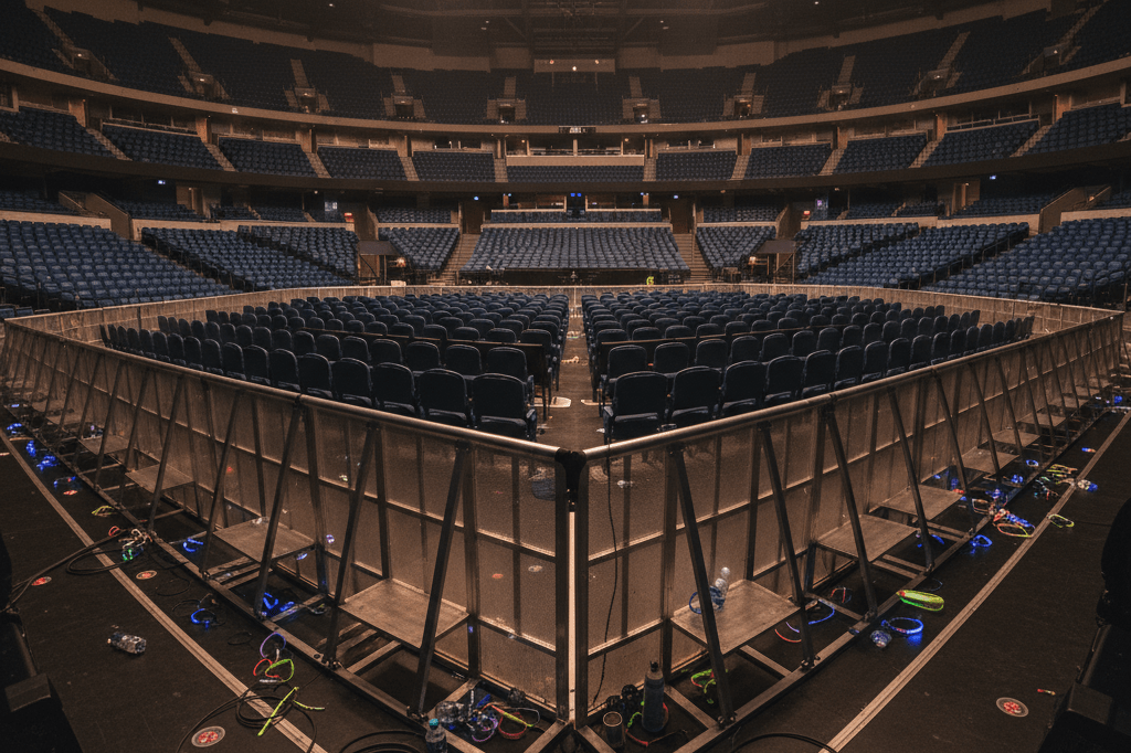 Arena Front Barrier Post-Crowd Surge Incident Wide view of an empty arena's front barrier area with event safety gear under dim lighting, suggesting recent crowd management challenges