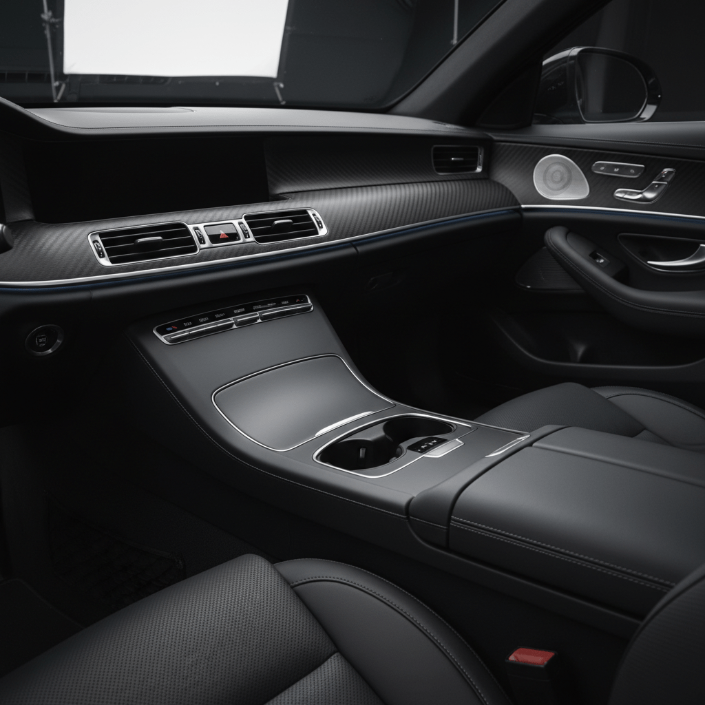 Modern luxury sedan interior with satin black wrap and refined matte surfaces.