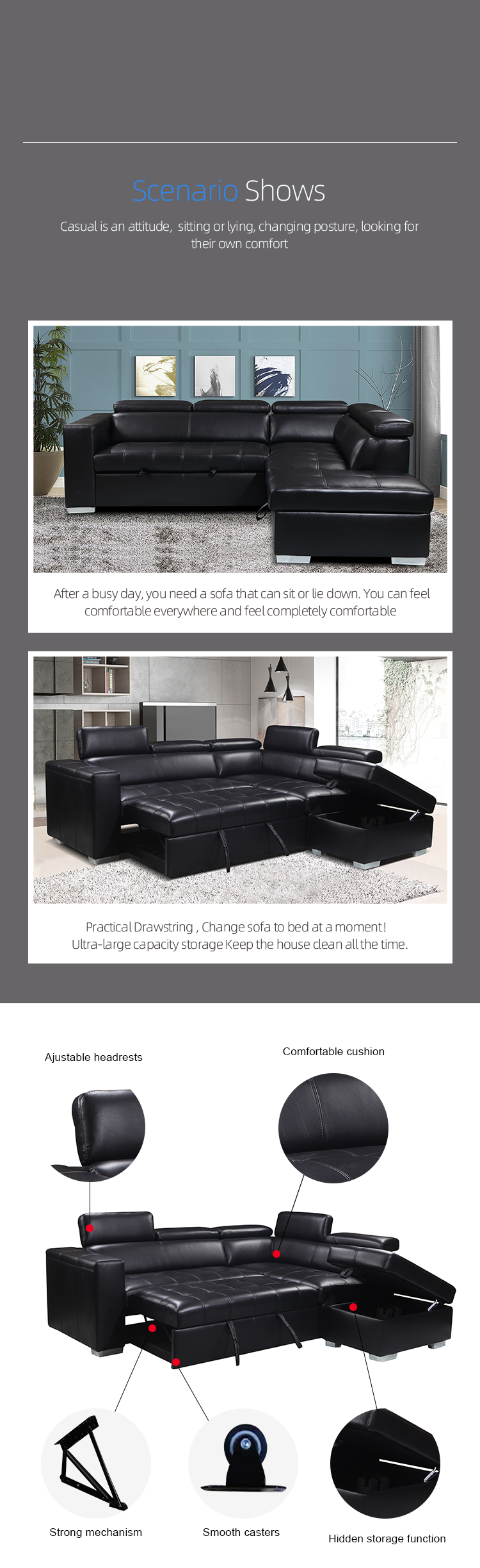 Modern European L shape corner sofa set with combined sleeper sofa bed