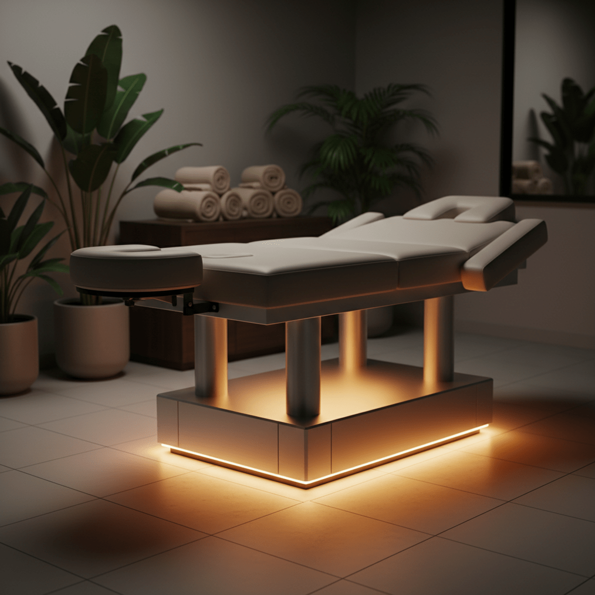 Modern hydraulic massage table with ambient LED glow and matte leather upholstery.