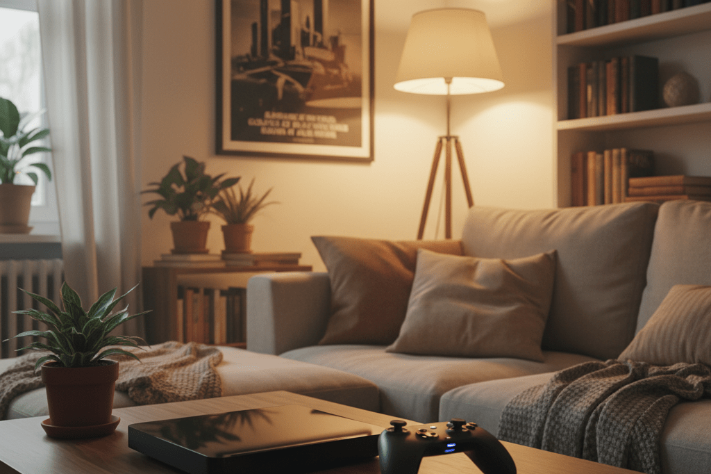 Living room with streaming device, vintage poster, and warm ambient lighting symbolizing revival culture