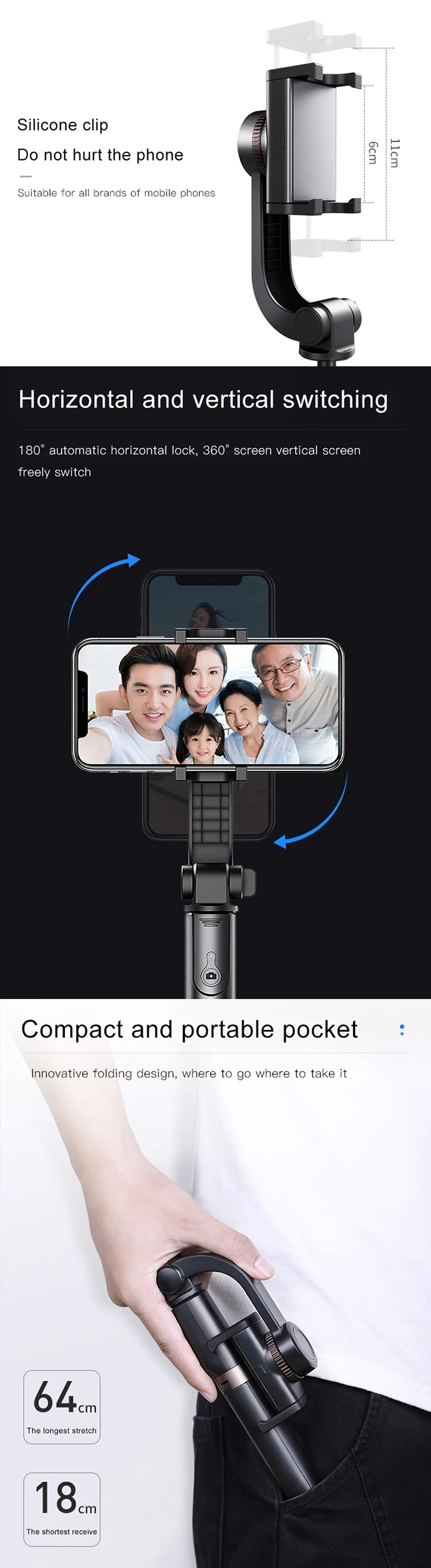 Multi-function Handheld Gimbal Stabilizer 3 in1 Selfie Sticks Tripod for Mobile Cell Smart Phone