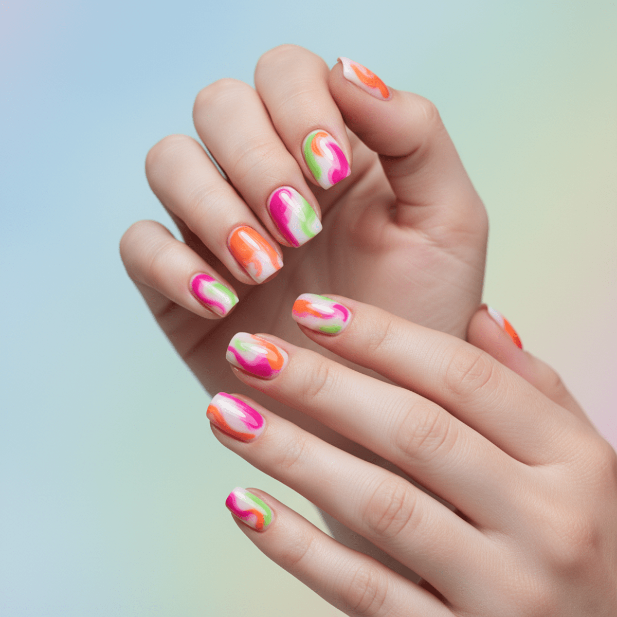 Hands display abstract organic swirls in sorbet tones on milky white gel nails.