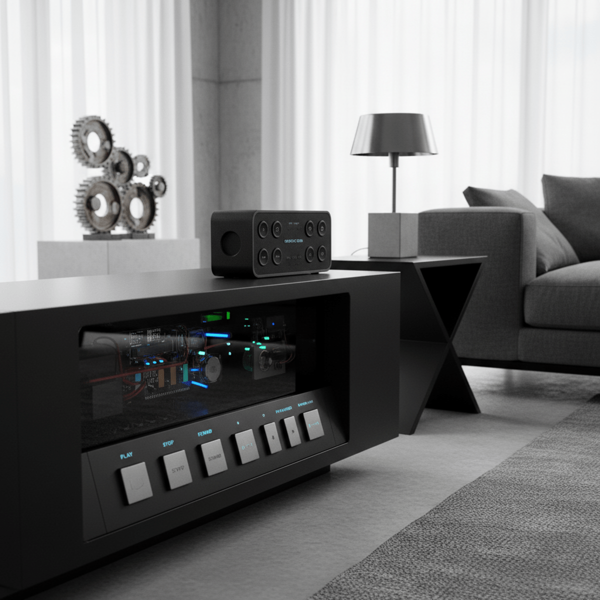 Contemporary living room with 80s VCR-inspired media console and geometric decor.