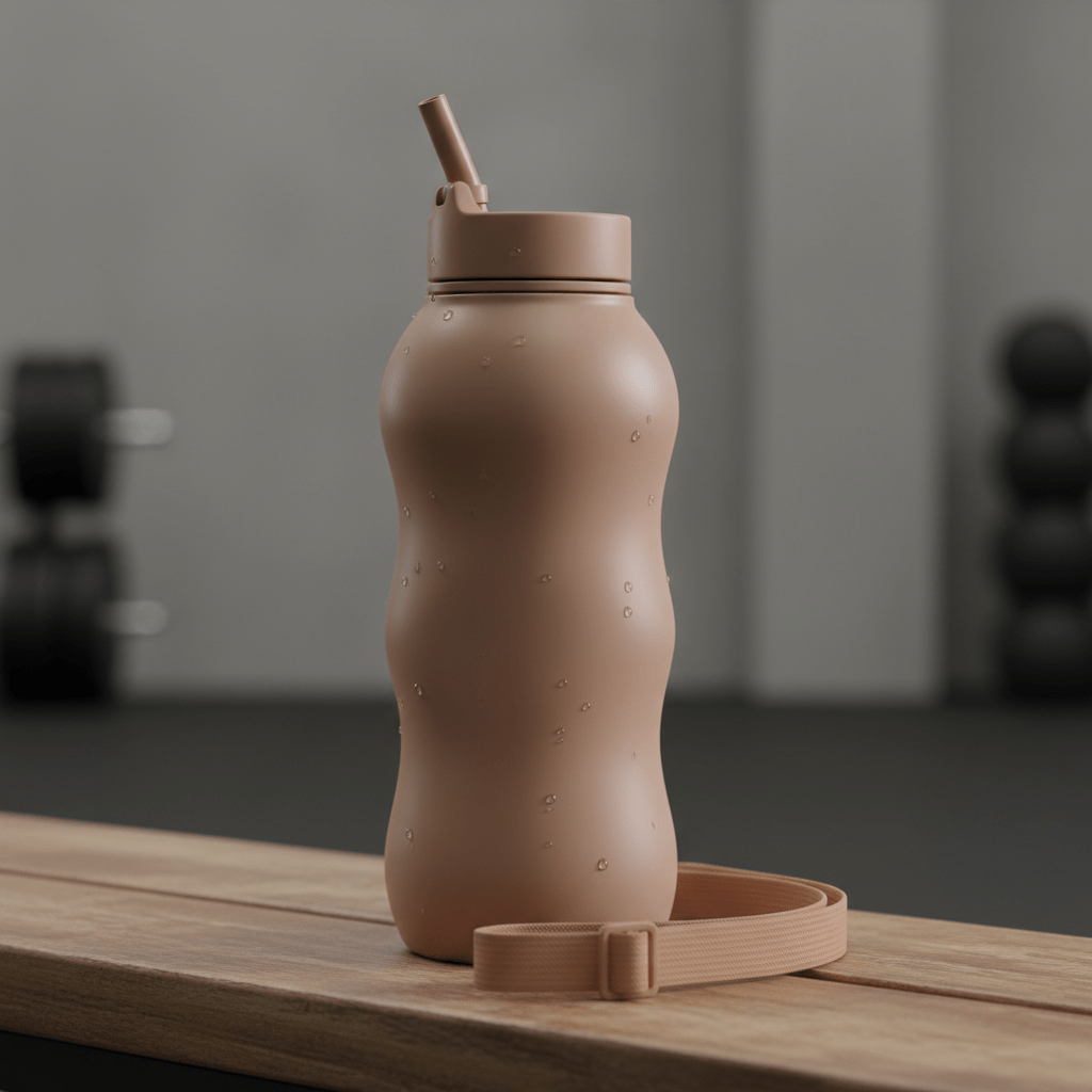 Close-up of a desert clay water bottle with straw and fabric strap on a bench.
