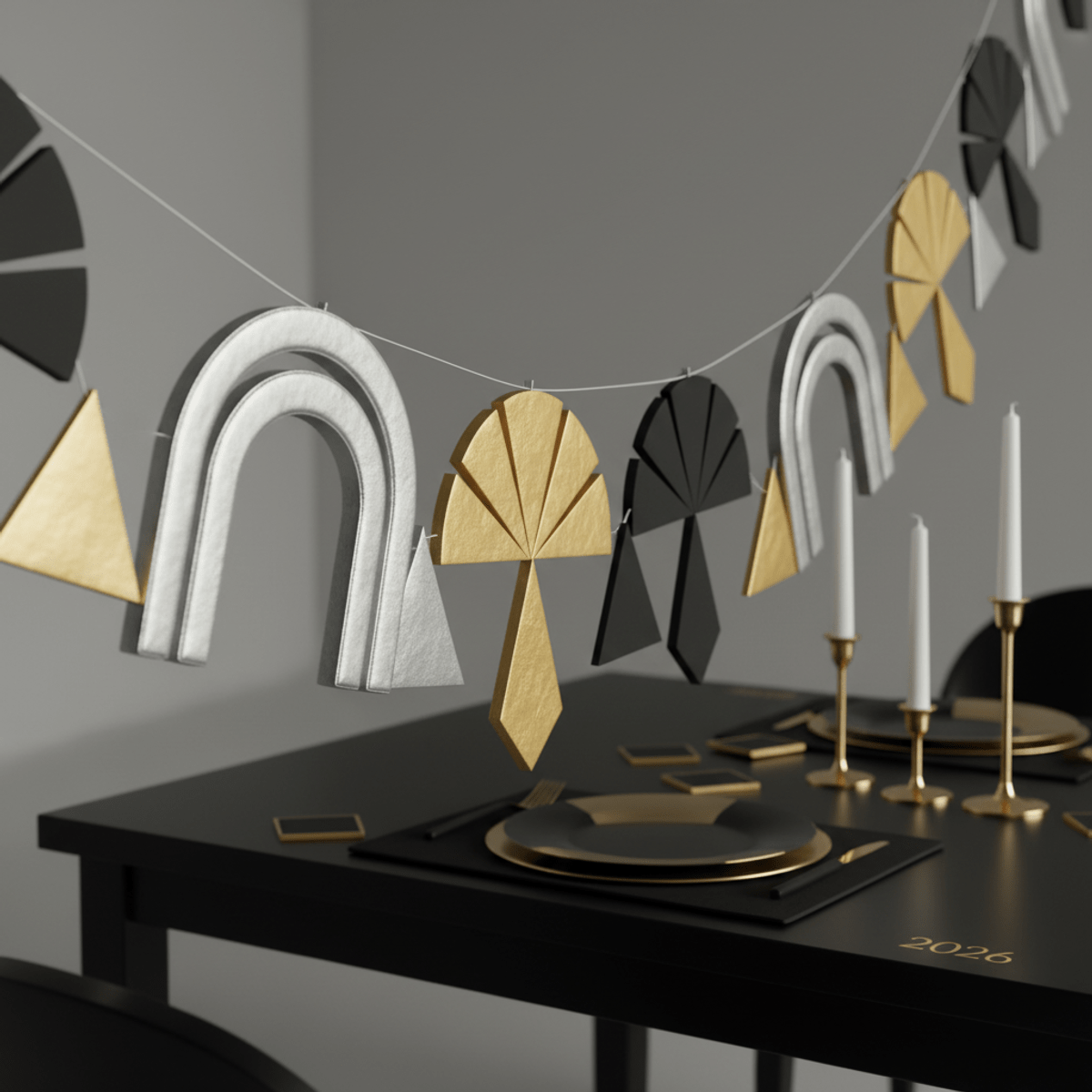 Art Deco revival balloon garland with geometric shapes and metallic finishes.