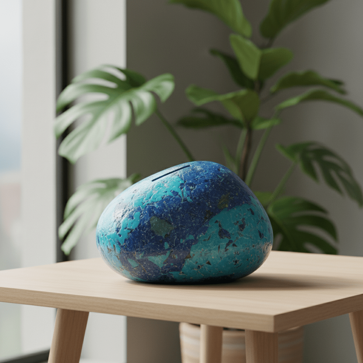 Sculptural piggy bank from recycled ocean plastics Sculptural piggy bank made of recycled ocean plastics with swirling blue and turquoise hues.