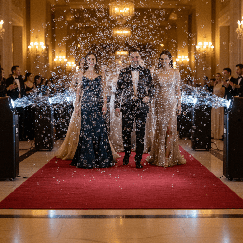 Luxurious gala entrance with red carpet, bubble fog, and elegant guests.