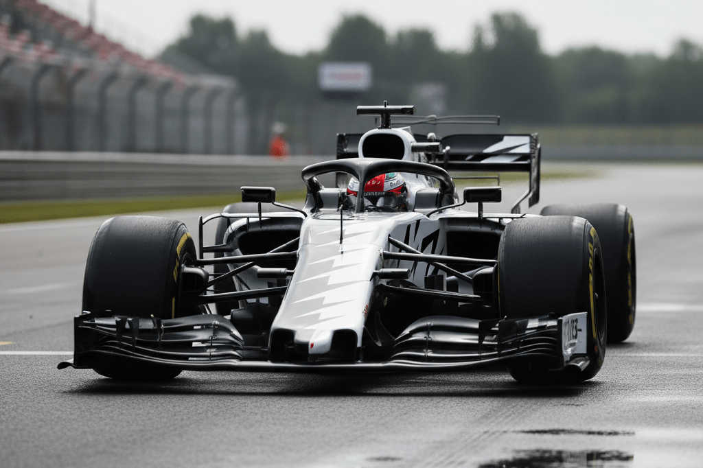 Medium shot of a Formula 1 car showing contrasting black-and-white split livery on sunlit asphalt track, no logos or text visible