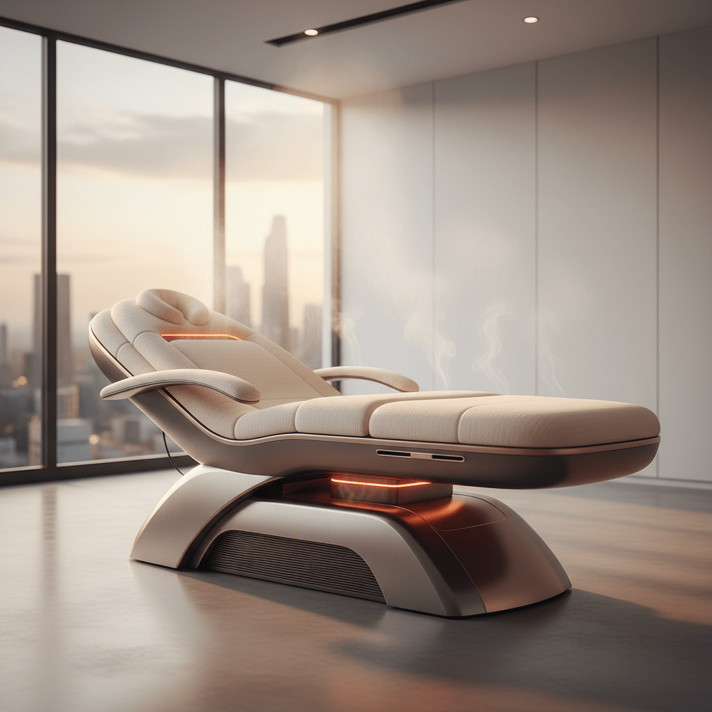 Modern physical therapy table with advanced heating and steam features. Sleek futuristic physical therapy table with glowing heating elements and therapeutic steam.