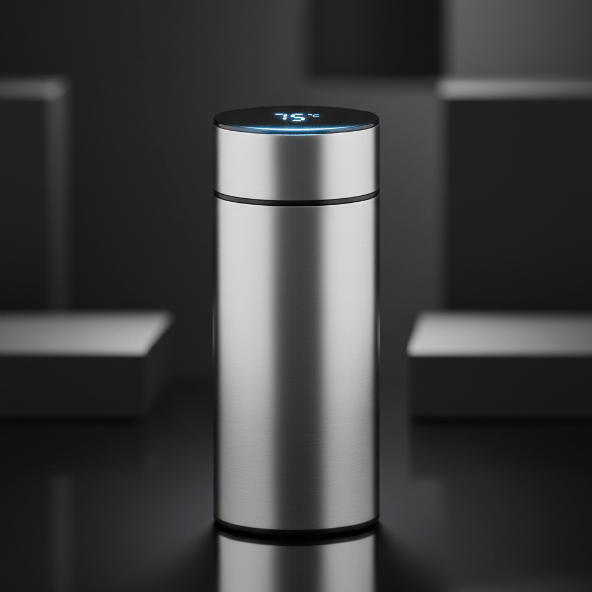 Sleek matte stainless steel tea bottle with glowing LED touch-display lid.