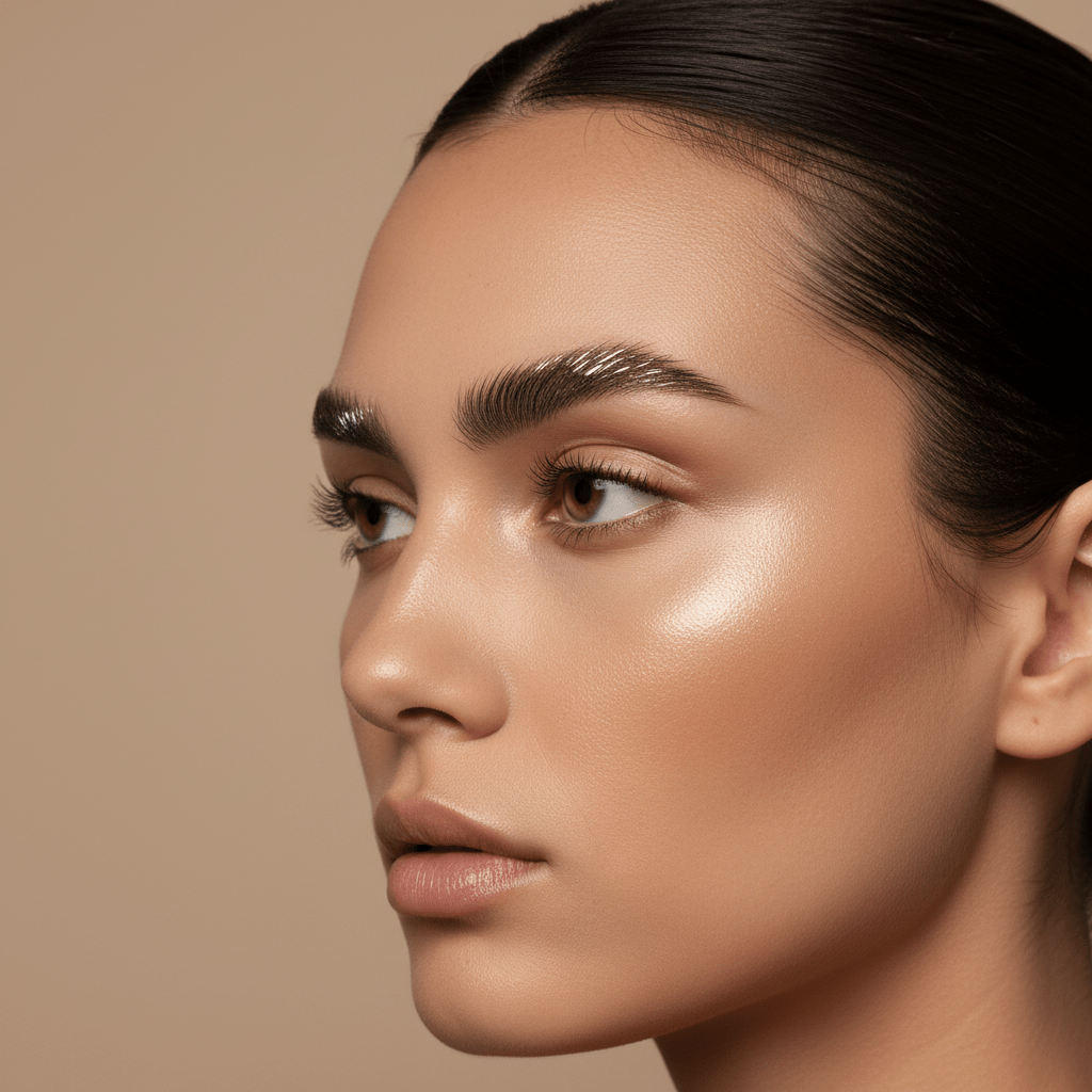 Model showcases futuristic laminated eyebrows with liquid-glass shine and light-reflecting strands.