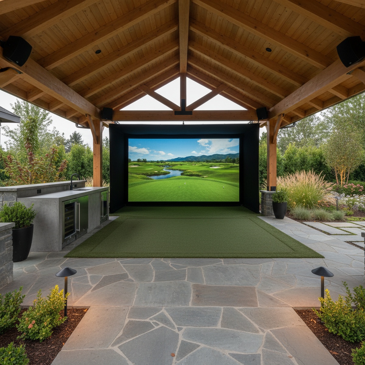 Luxury outdoor golf simulator pavilion with vaulted wood ceilings and a massive projection screen.