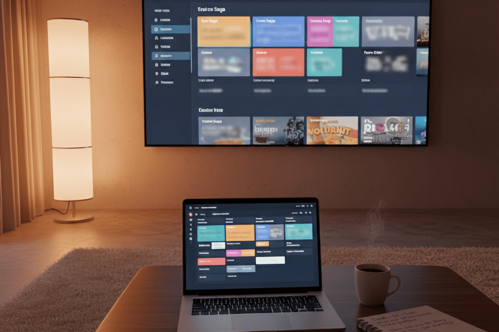 Living room with laptop, calendar app, and TV displaying streaming service interface under ambient light, symbolizing coordinated global launch strategies