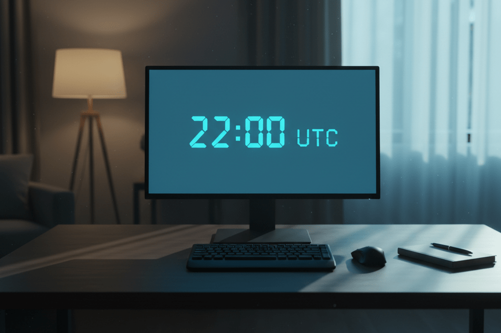 Computer monitor showing synchronized global launch time Glowing monitor with digital clock set to 22:00 UTC amidst subtle office desk setup under warm ambient lighting