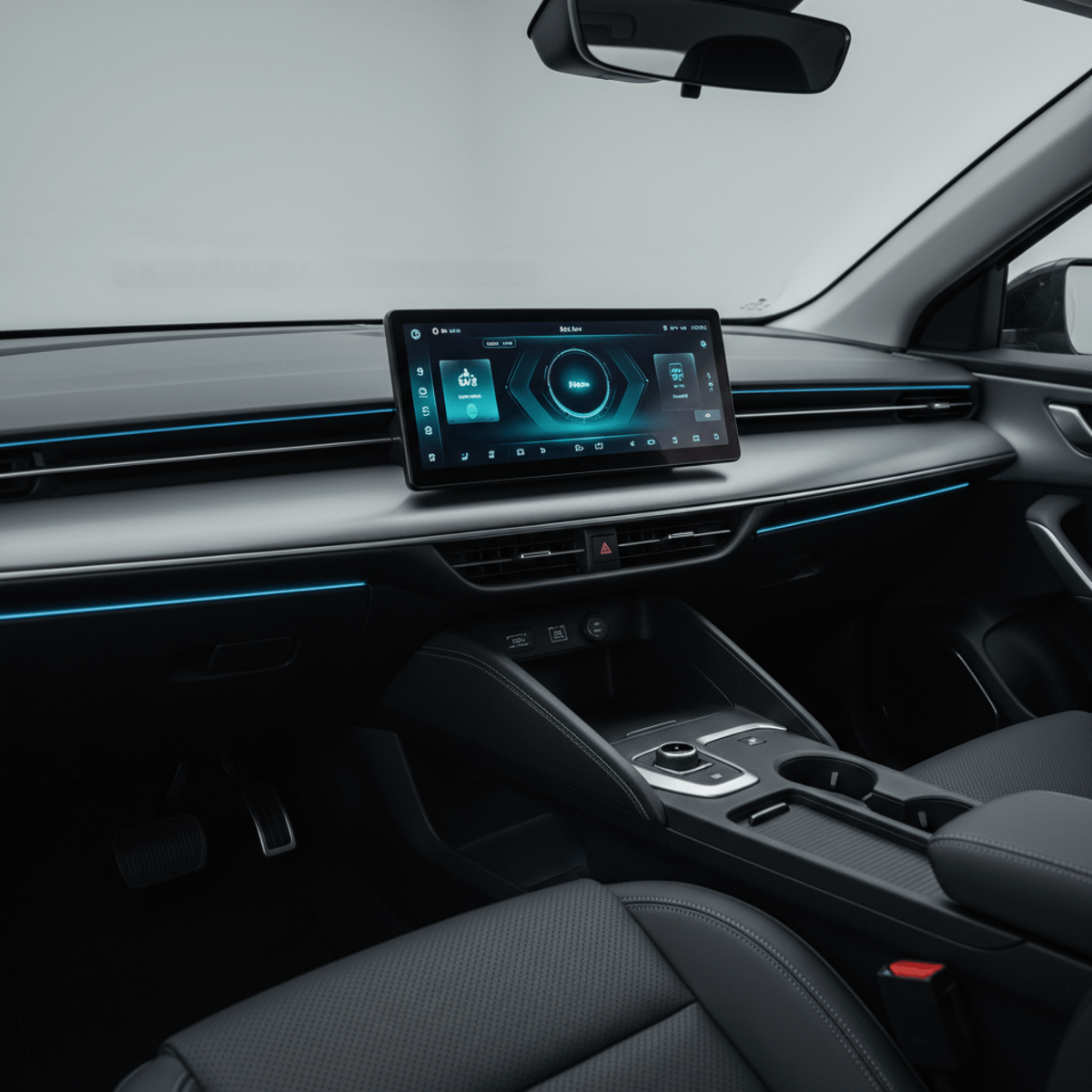 Modern car interior with a minimalist dashboard and a large floating touchscreen.