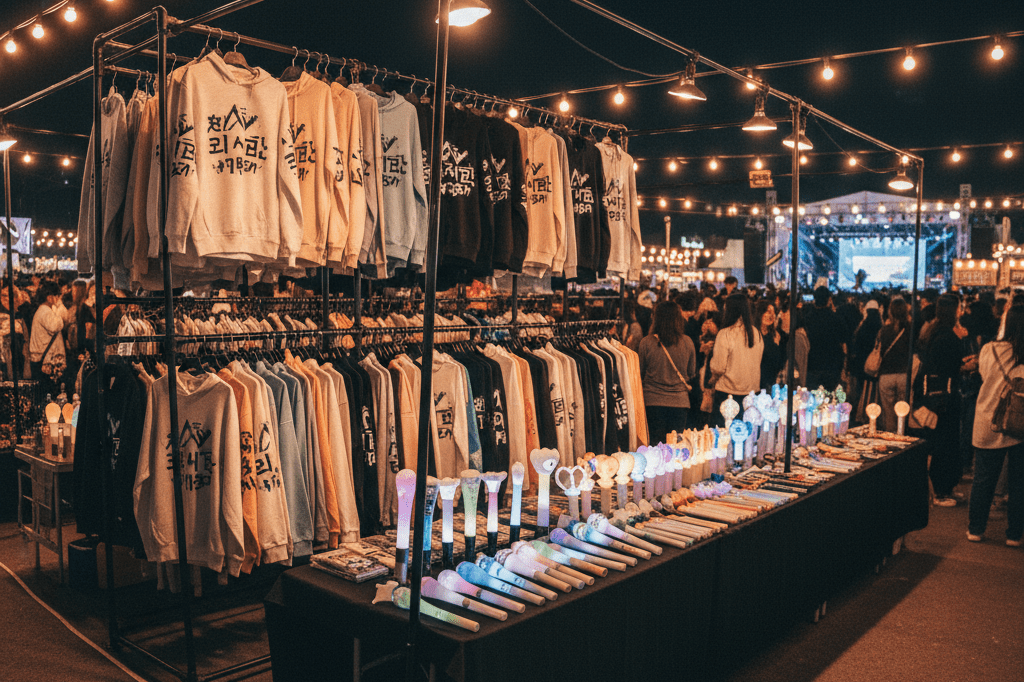 K-pop merchandise booth illuminated by ambient lighting during a lively festival evening, highlighting organized product displays