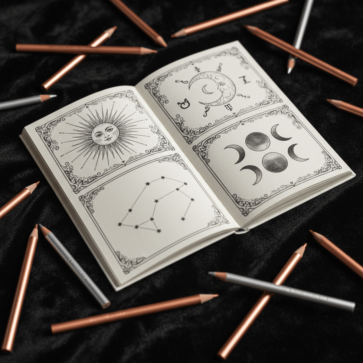 Mini coloring book with astrological symbols on dark velvet with metallic pencils.