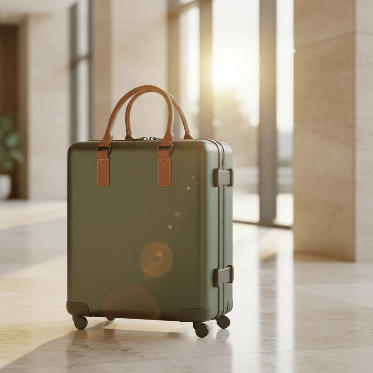 Modern olive green trolley bag in a bright hotel lobby. Minimalist olive green trolley bag with leather handles in a modern hotel lobby.