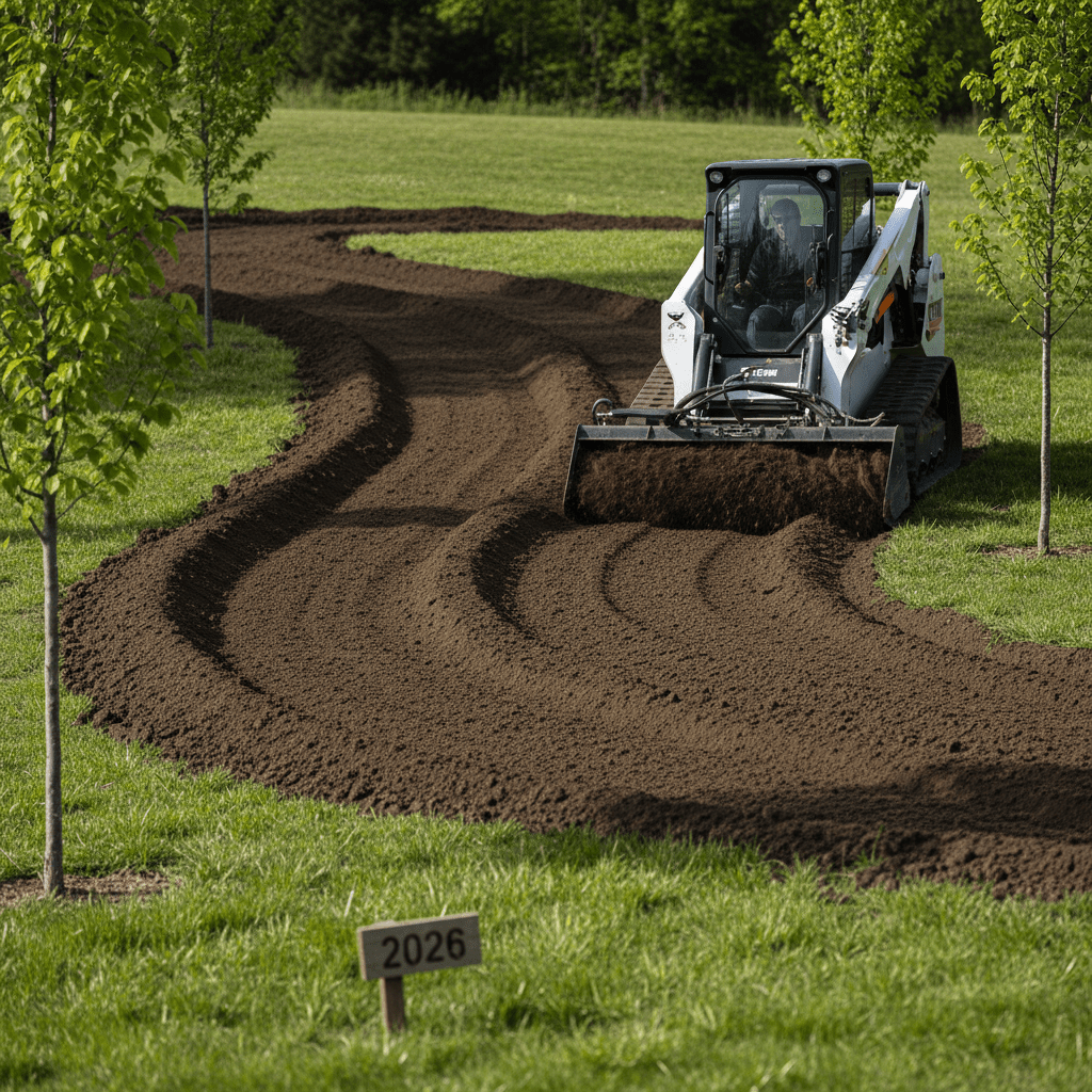 Skid steer power rake shaping swales and berms in rich brown soil.