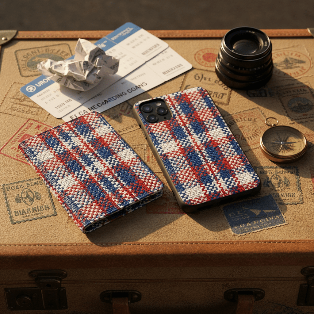 Phone case and passport wallet with Ghana pattern on suitcase, surrounded by travel items.