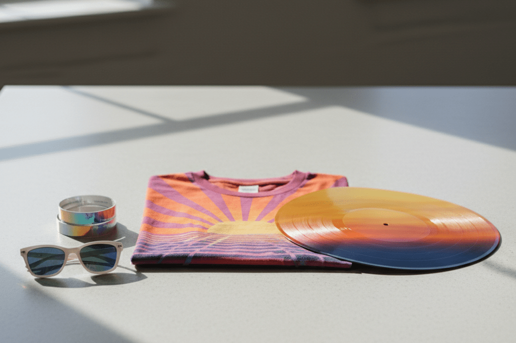 Medium shot of holographic wristbands, retro-styled t-shirt, iridescent sunglasses, and gradient vinyl on a neutral surface under natural light