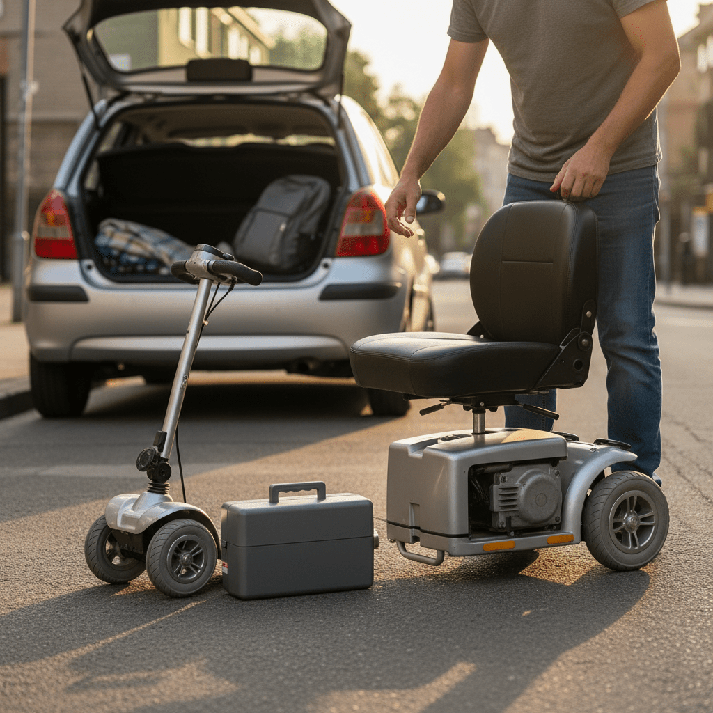 Mobility scooter disassembly in warm sunset light Adult disassembling a mobility scooter outdoors during golden hour, showing easy tool-free parts.