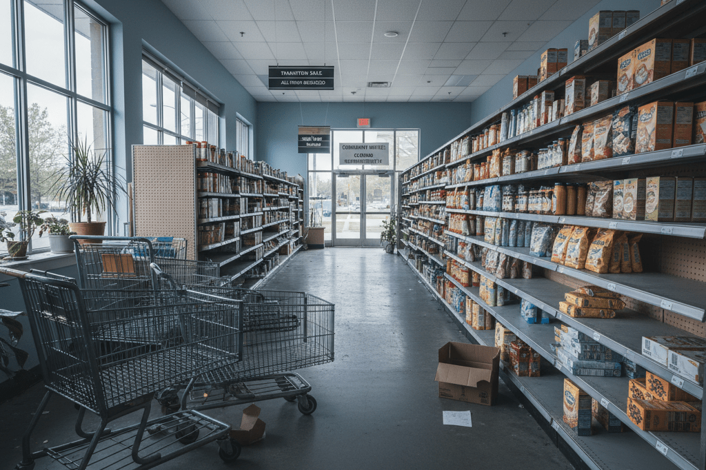Wide shot of vacant grocery store aisle with unused carts and partial shelves under soft natural light, conveying post-closure calm