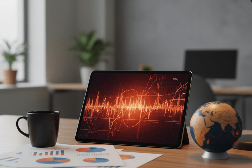 Modern procurement desk with tablet showing volatile energy graphs, documents, and globe under natural light