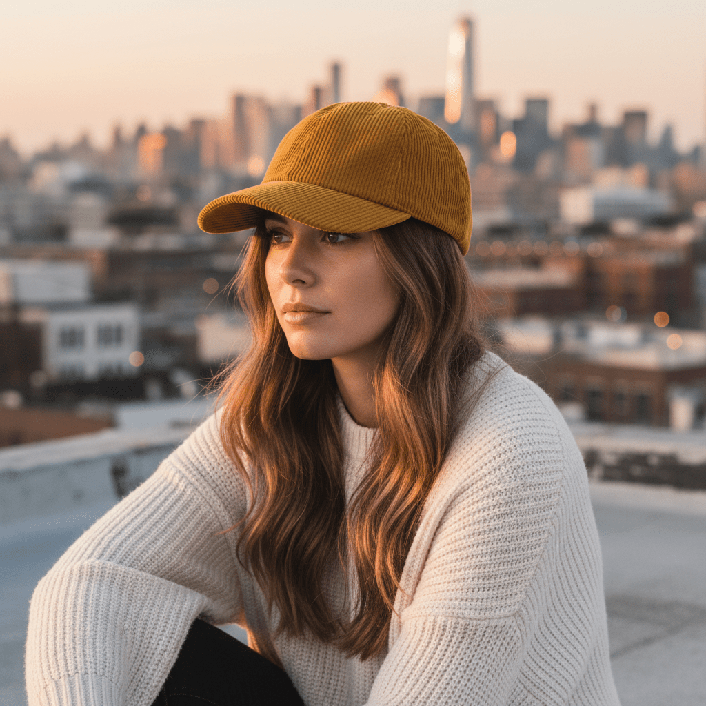 Mustard yellow wide-wale corduroy dad hat worn by a model on a rooftop.