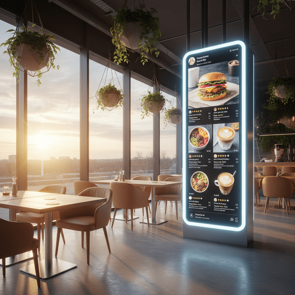 Futuristic cafe with vertical 4K display showing social media menu and reviews.