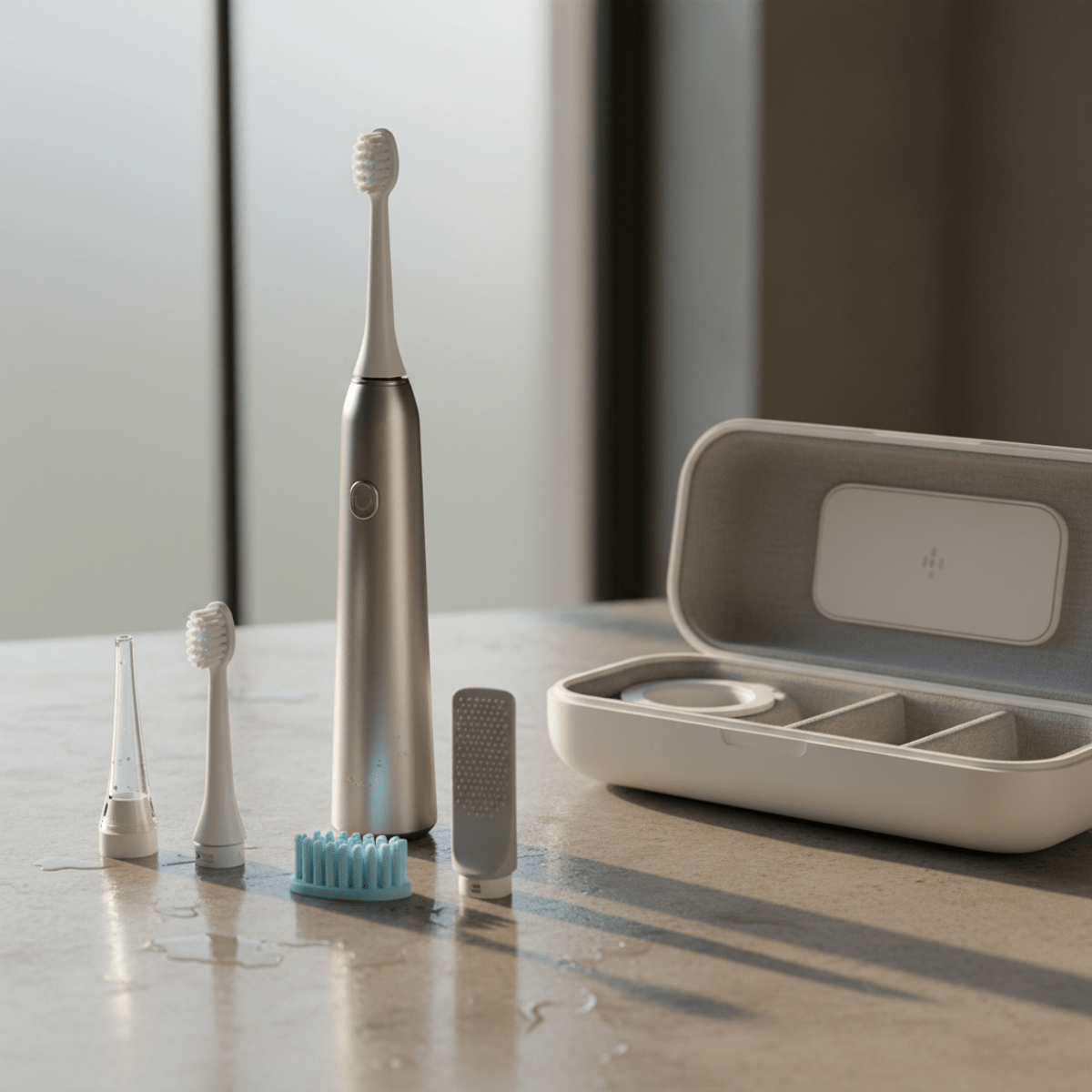 Modular vibrating toothbrush kit on a polished concrete countertop with multiple heads.
