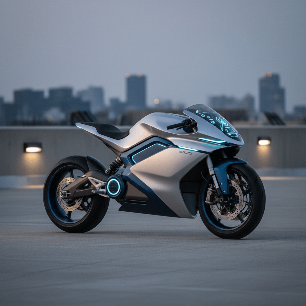 Aerodynamic electric motorcycle concept on urban rooftop Sleek futuristic electric motorcycle with integrated battery on a minimalist rooftop at twilight.