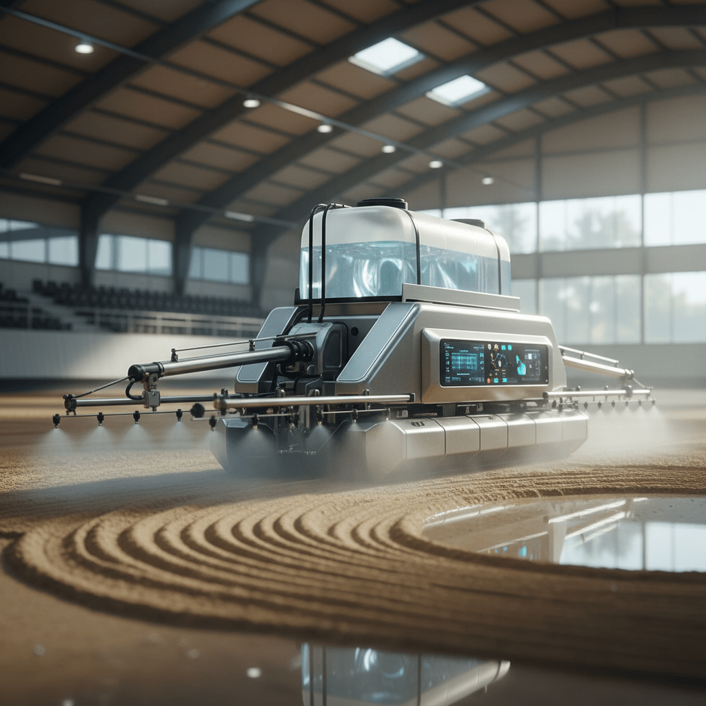 Futuristic arena groomer sprays fine mist on sandy footing in a modern indoor equestrian arena.