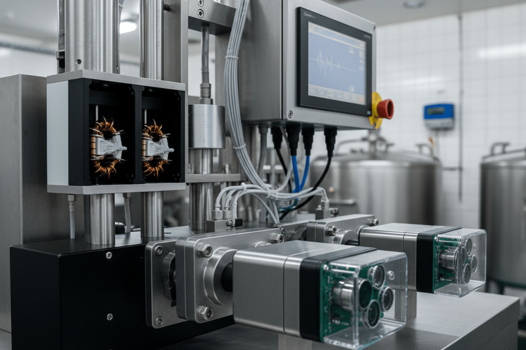 Close-up of high-tech sensors scanning for contaminants in a dairy plant under ambient industrial lighting