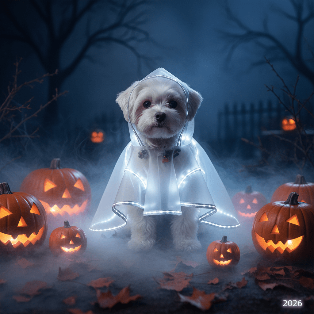 Small dog in glowing ghost jacket in misty Halloween scene with pumpkins.