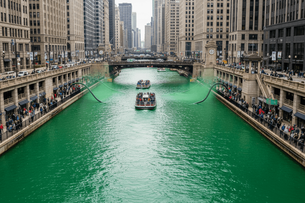 Vibrant green Chicago River with tour boats and urban backdrop under natural daylight